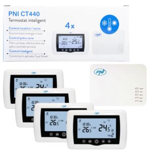 Smart termostat PNI CT440 bezdrôtový, s WiFi, ovládanie 4 zón cez internet, pre teplárne, čerpadlá, elektr.